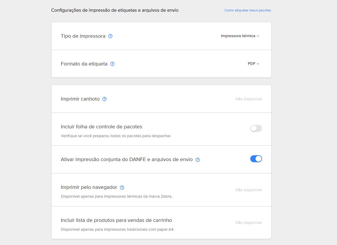 Configuração para imprimir o DANFE simplificado junto com a etiqueta de envio do Mercado Livre